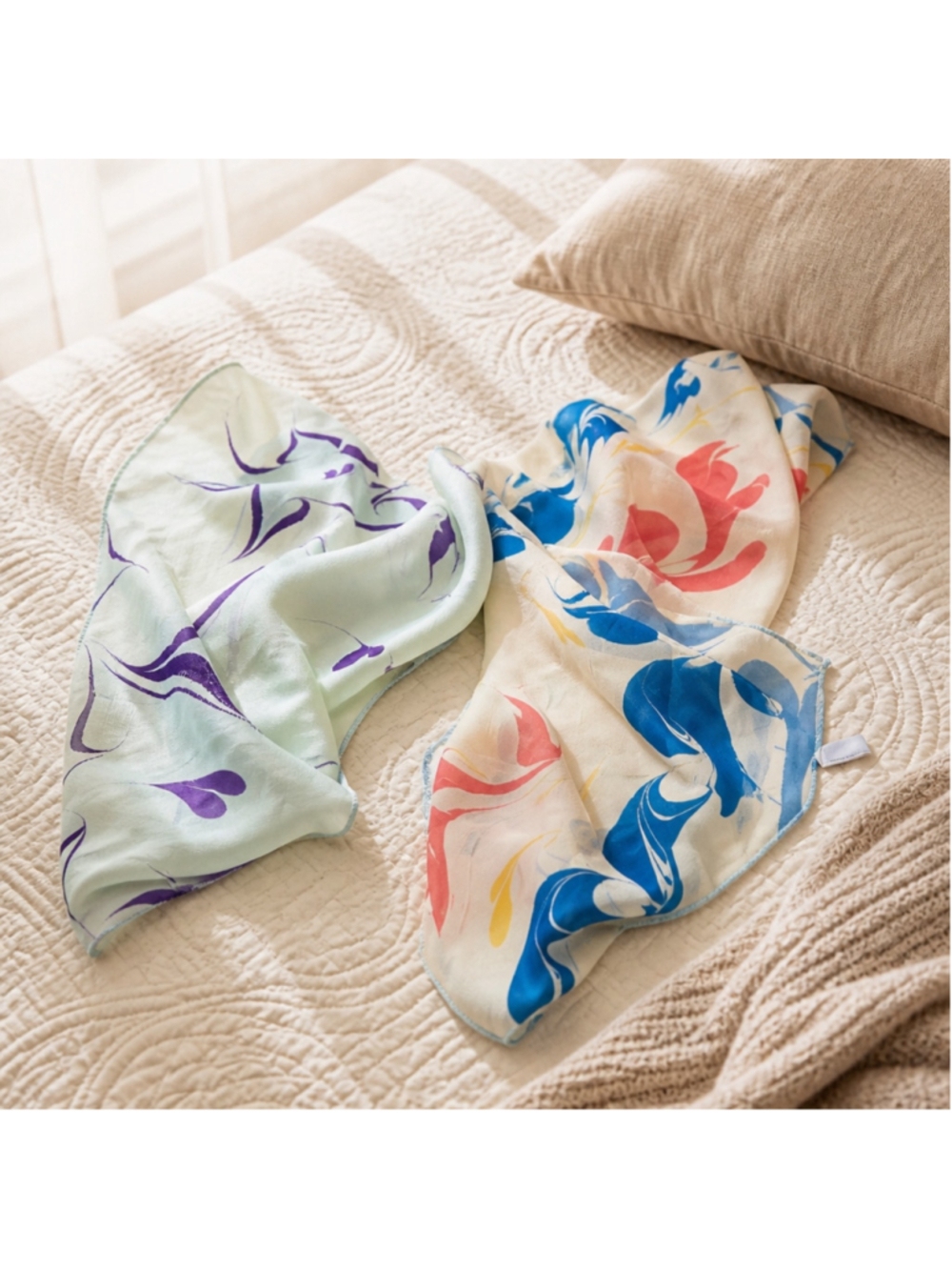 Set of two pure SILK Scarves White Blue Multi-color Styling Accessories